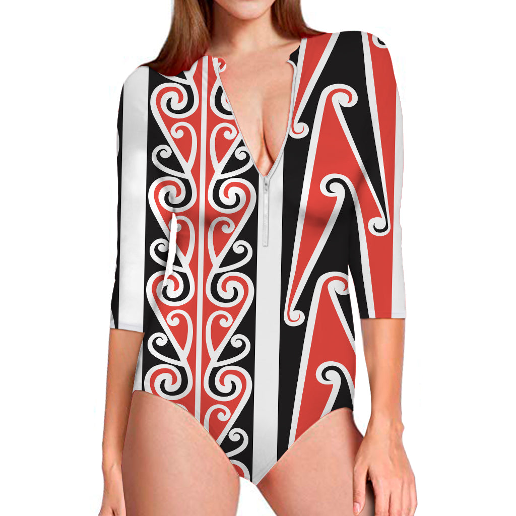 Maori Tribal Print Long Sleeve One Piece Swimsuit