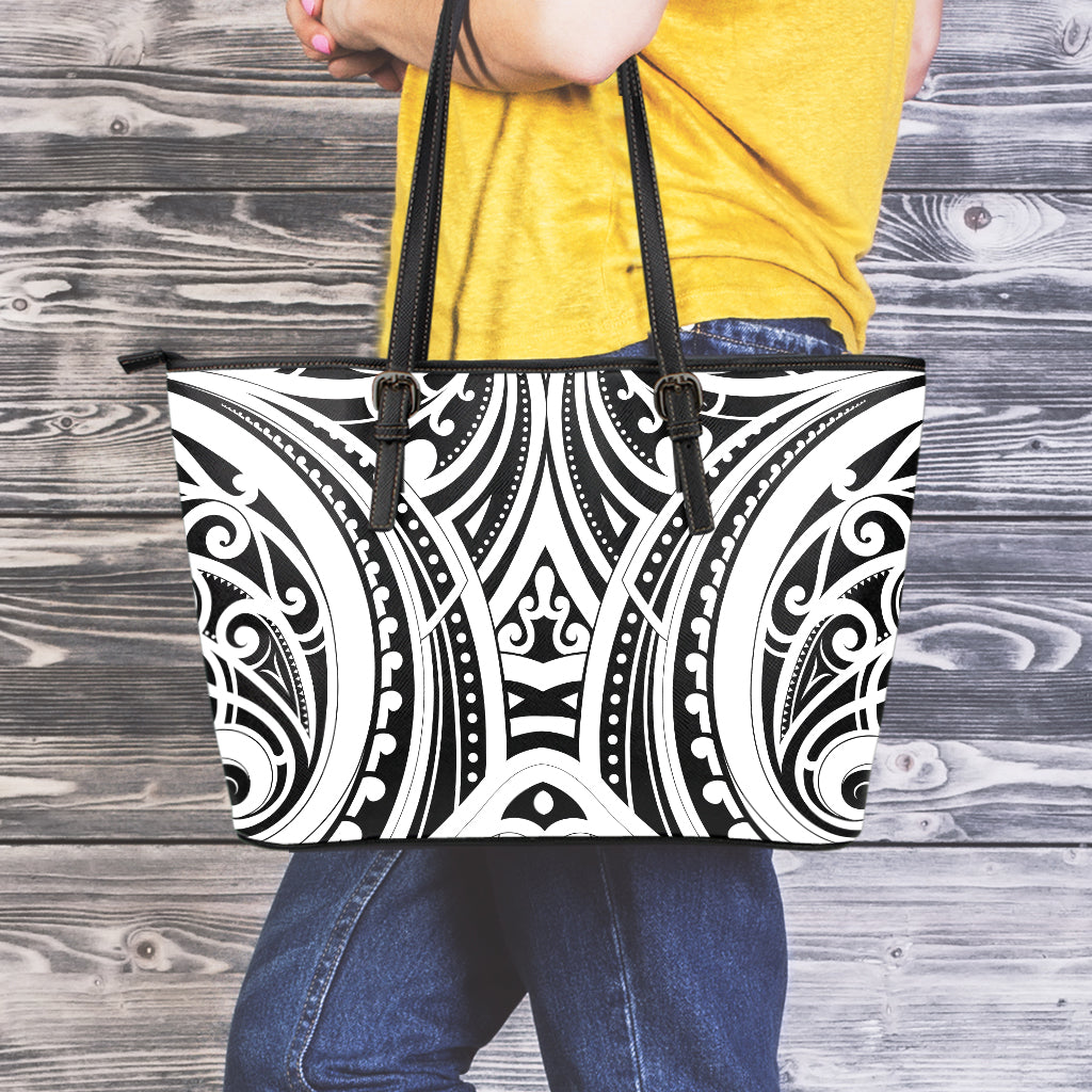 Maori Tribal Tattoo Pattern Print Leather Tote Bag