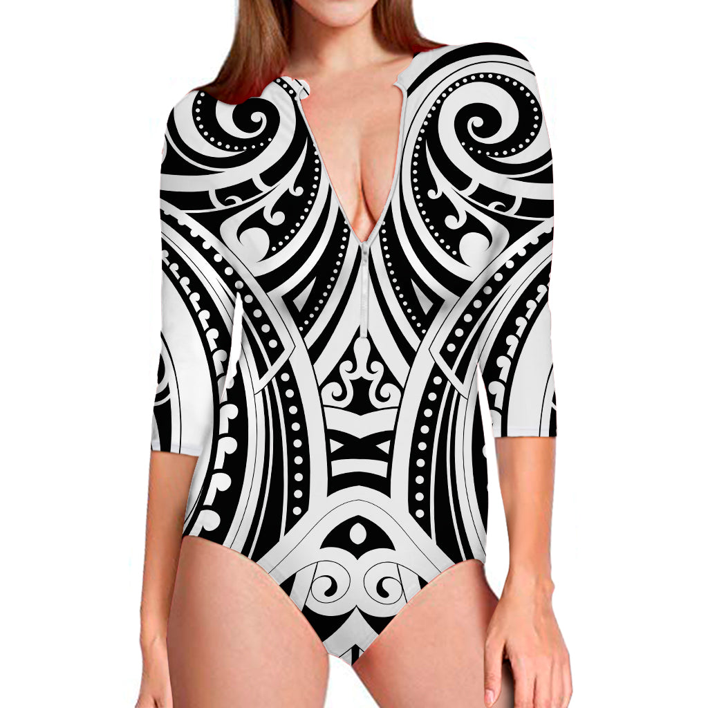 Maori Tribal Tattoo Pattern Print Long Sleeve One Piece Swimsuit