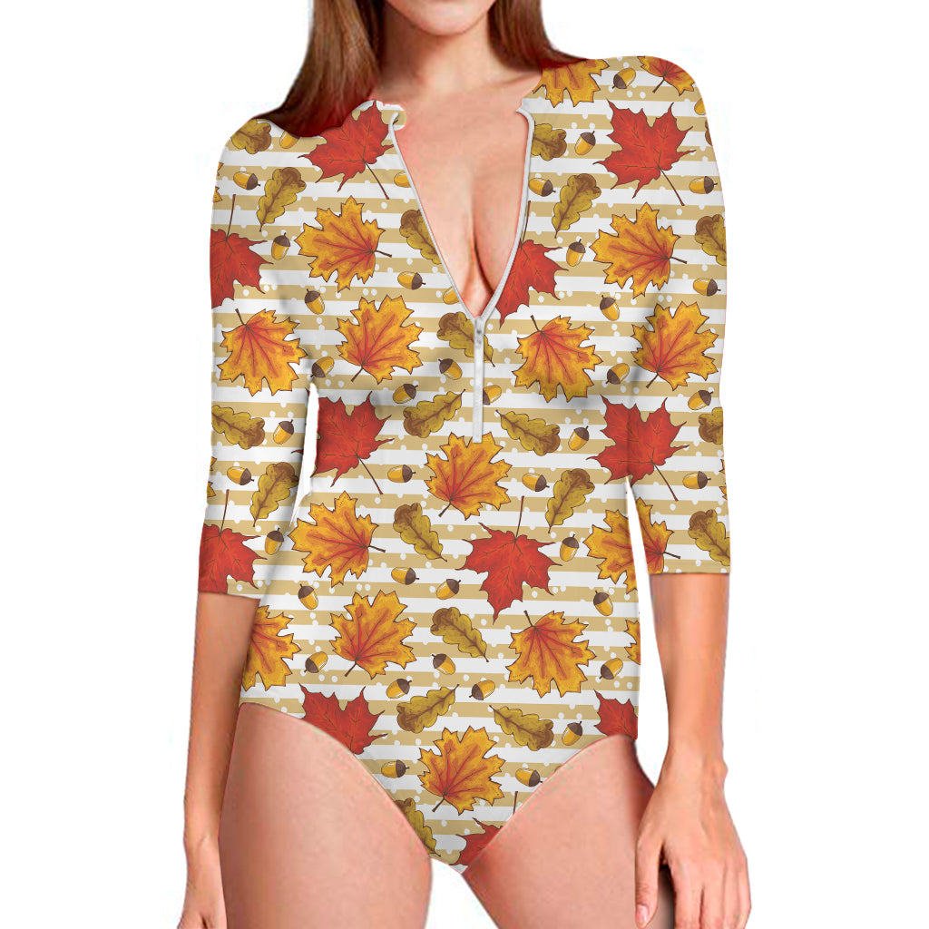 Maple And Oak Pattern Print Long Sleeve One Piece Swimsuit