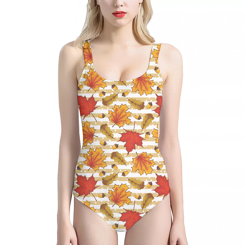 Maple And Oak Pattern Print One Piece Halter Neck Swimsuit