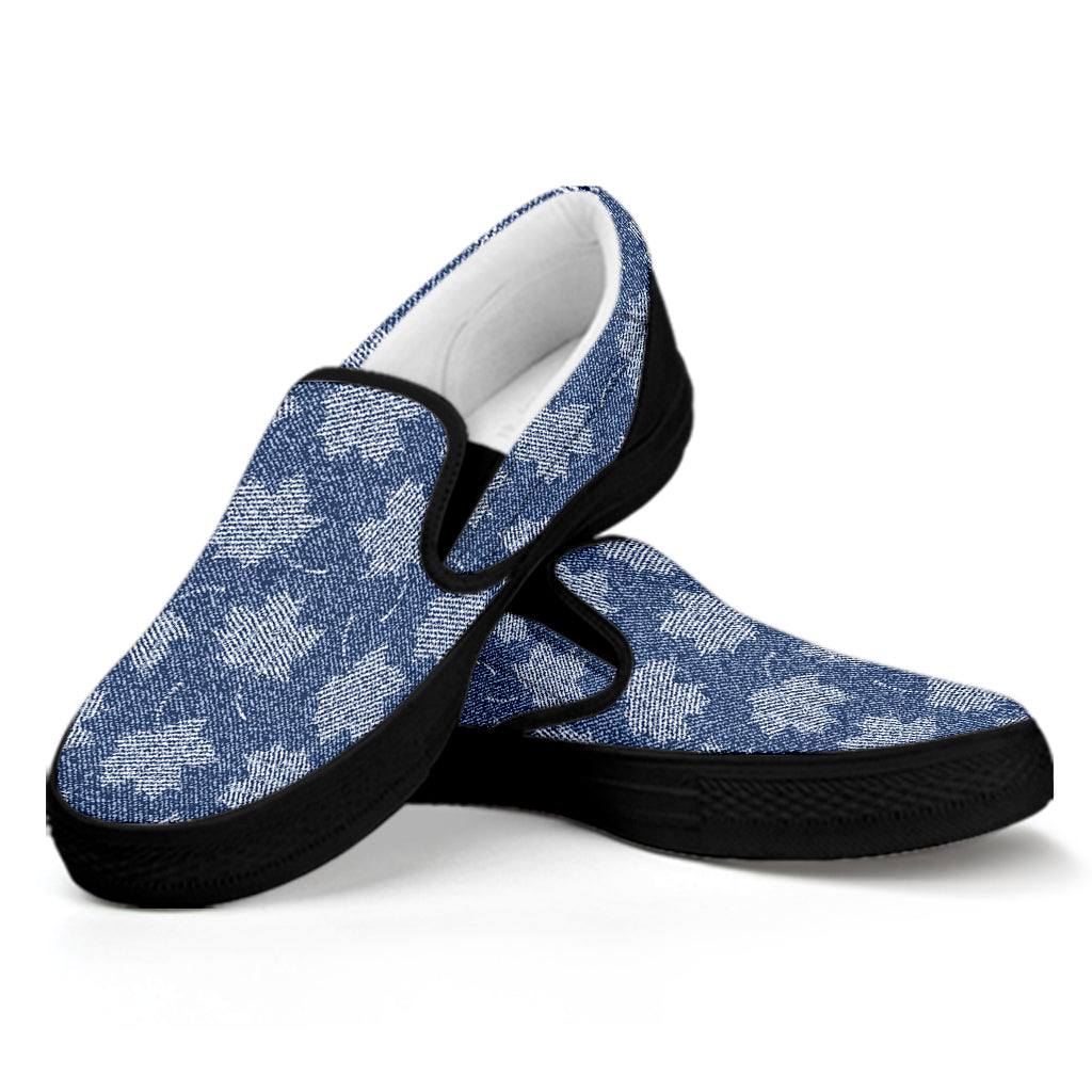 Maple Leaf Denim Jeans Pattern Print Black Slip On Shoes