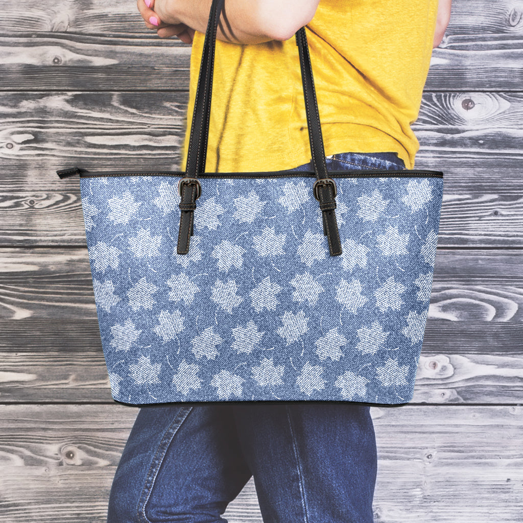 Maple Leaf Denim Jeans Pattern Print Leather Tote Bag