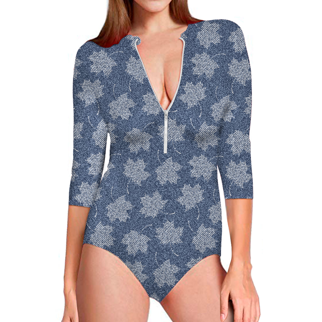 Maple Leaf Denim Jeans Pattern Print Long Sleeve One Piece Swimsuit