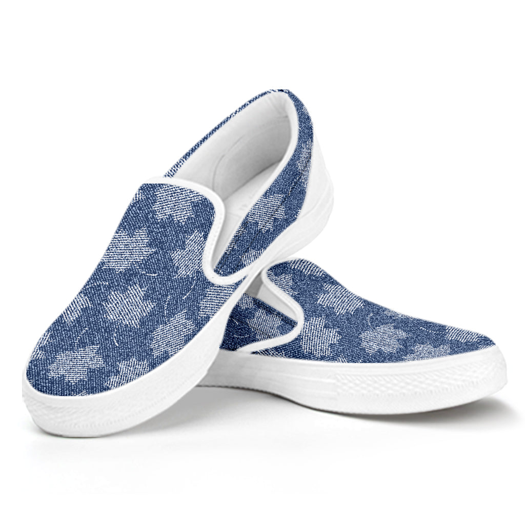 Maple Leaf Denim Jeans Pattern Print White Slip On Shoes