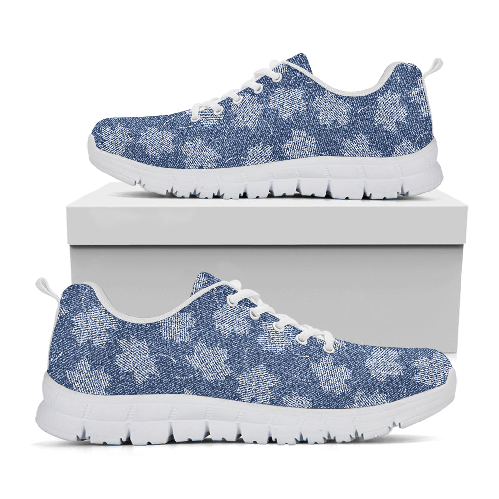 Maple Leaf Denim Jeans Pattern Print White Sneakers