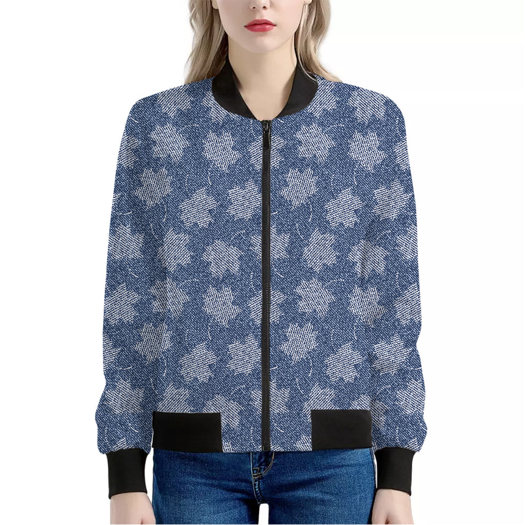 Maple Leaf Denim Jeans Pattern Print Women's Bomber Jacket