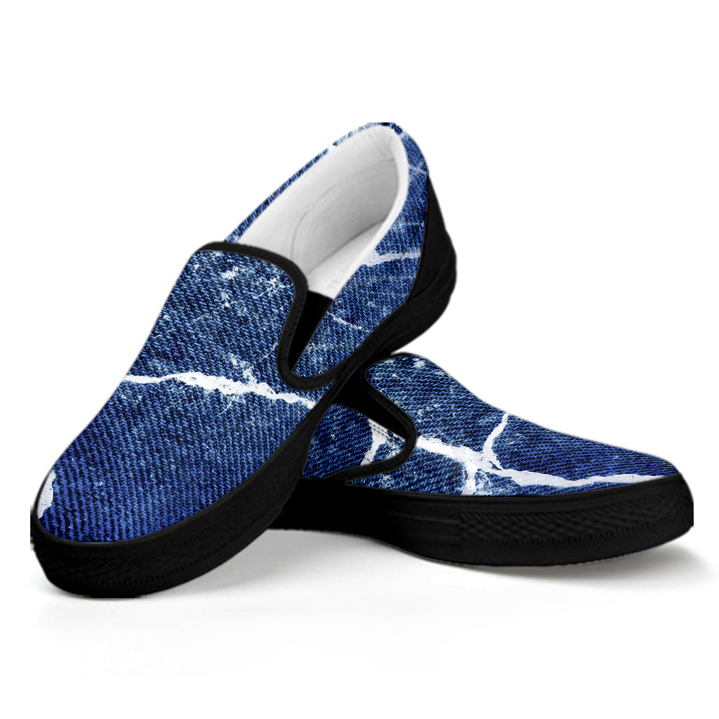 Marble Denim Jeans Pattern Print Black Slip On Shoes