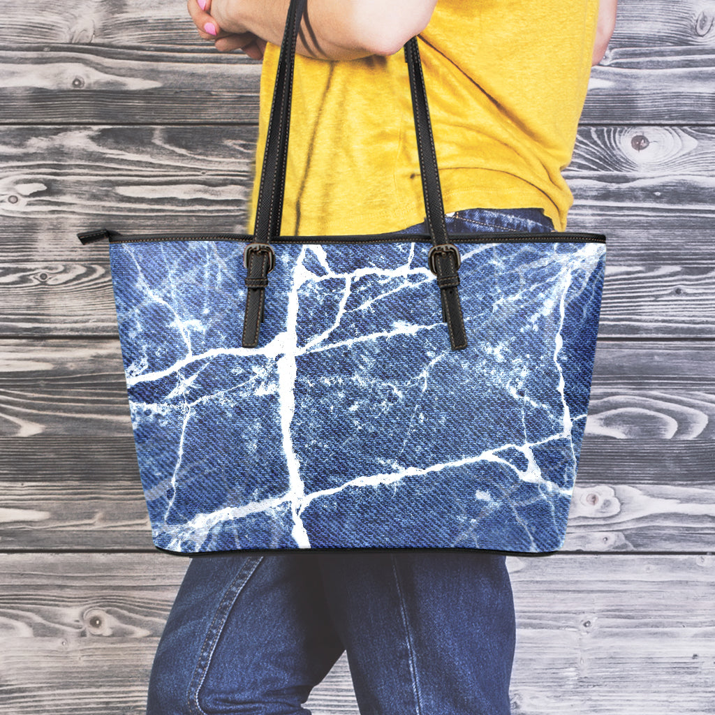 Marble Denim Jeans Pattern Print Leather Tote Bag