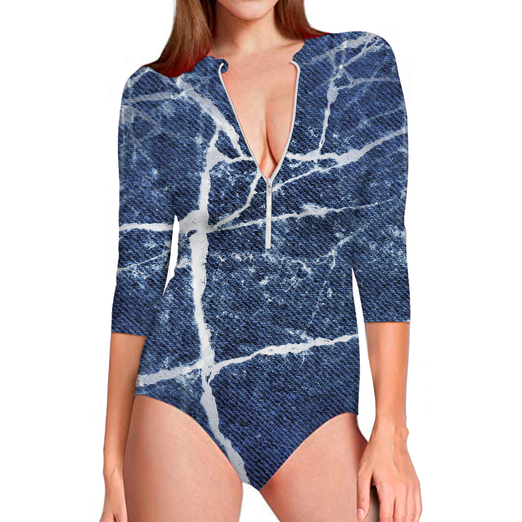 Marble Denim Jeans Pattern Print Long Sleeve One Piece Swimsuit