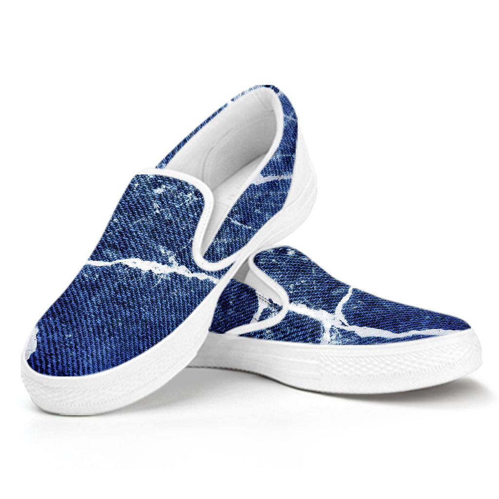 Marble Denim Jeans Pattern Print White Slip On Shoes