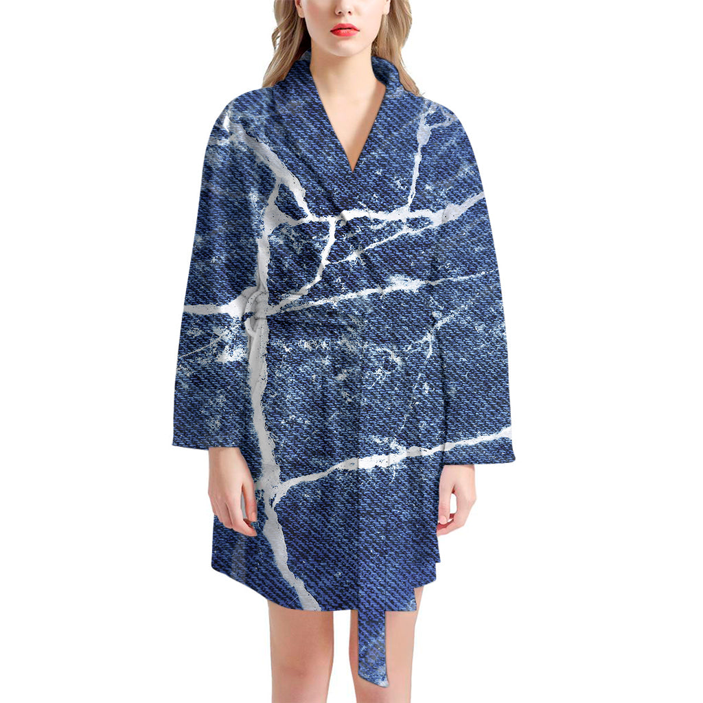 Marble Denim Jeans Pattern Print Women's Bathrobe