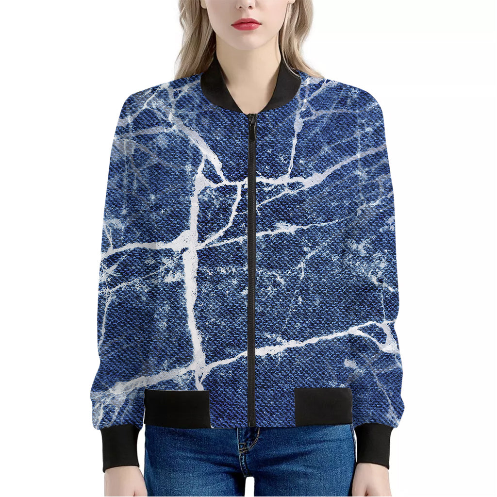 Marble Denim Jeans Pattern Print Women's Bomber Jacket