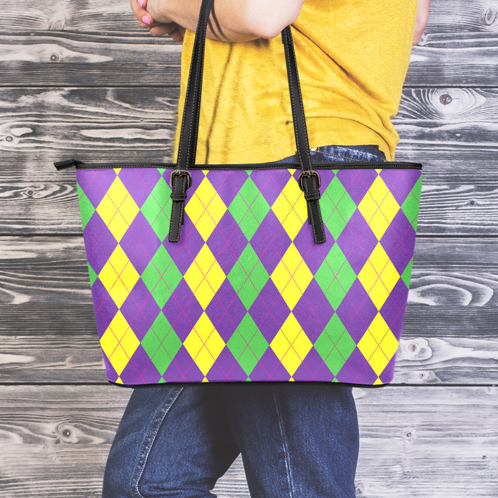 Mardi Gras Argyle Pattern Print Leather Tote Bag