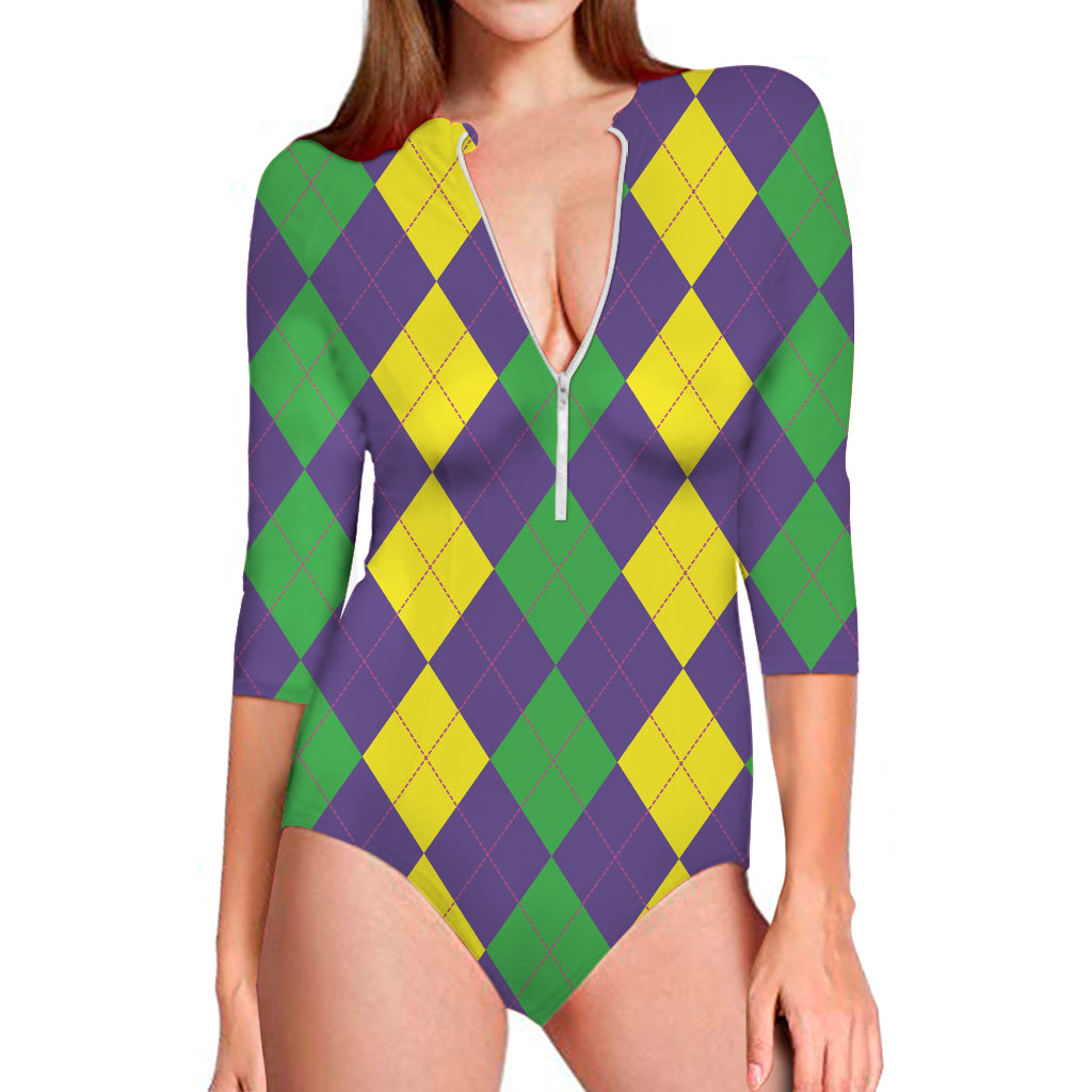 Mardi Gras Argyle Pattern Print Long Sleeve One Piece Swimsuit