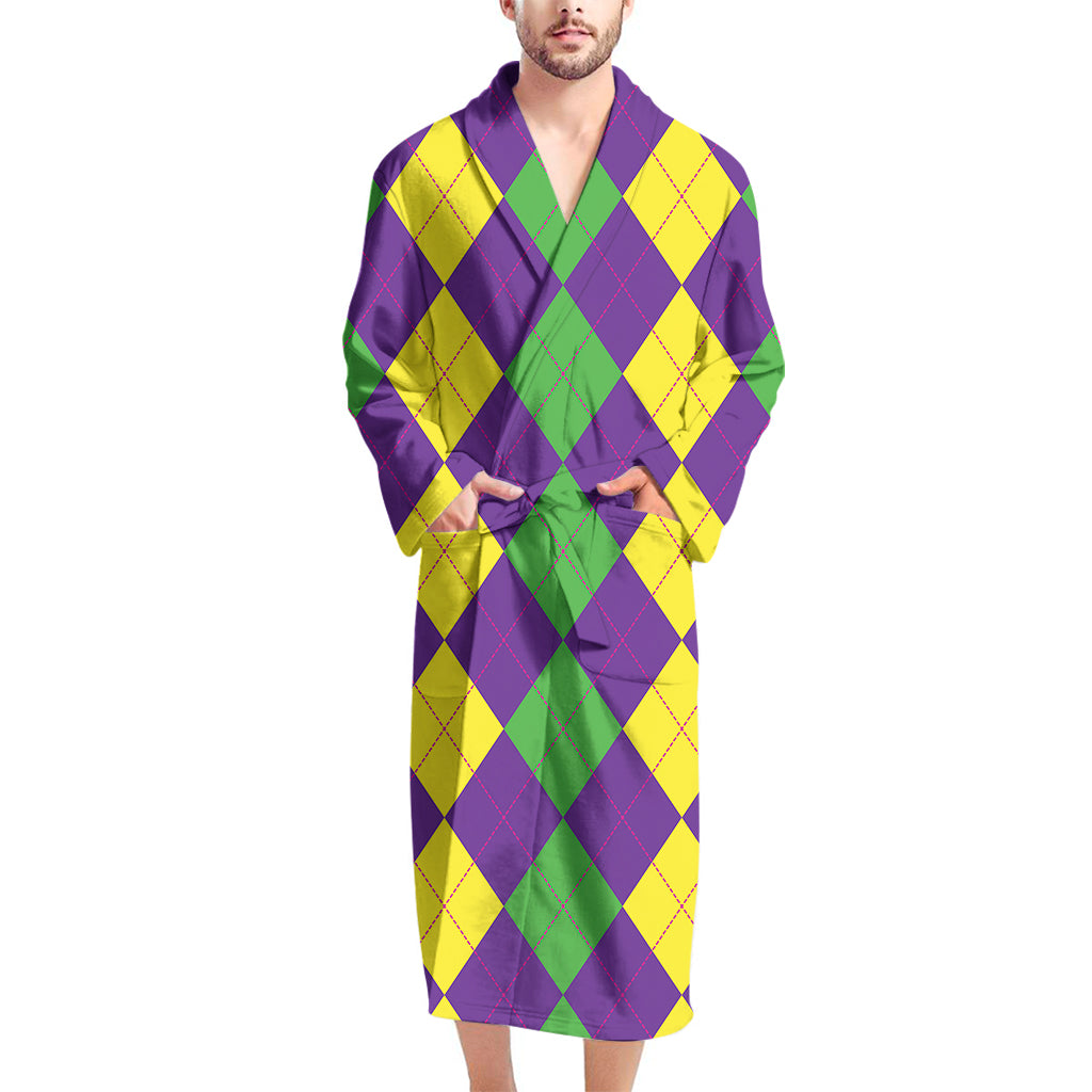 Mardi Gras Argyle Pattern Print Men's Bathrobe