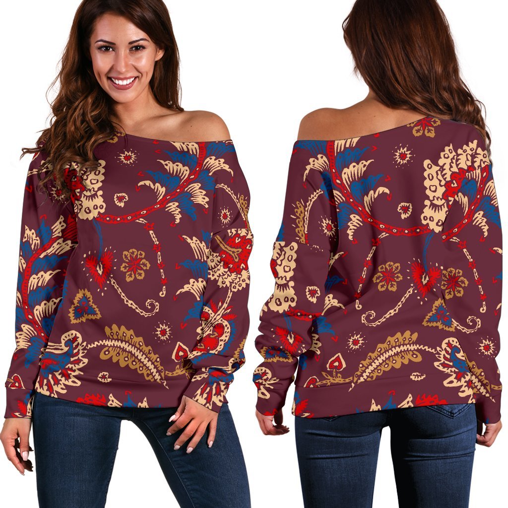 Maroon Vintage Bohemian Floral Print Women's Off-Shoulder Sweatshirt