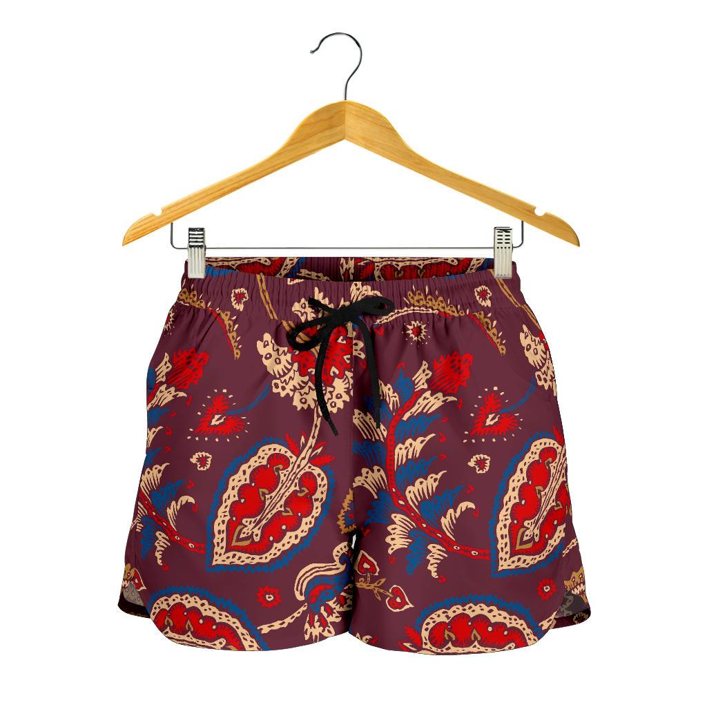 Maroon Vintage Bohemian Floral Print Women's Shorts
