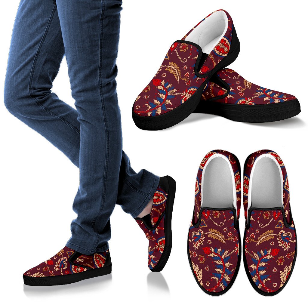 Maroon Vintage Bohemian Floral Print Women's Slip On Shoes