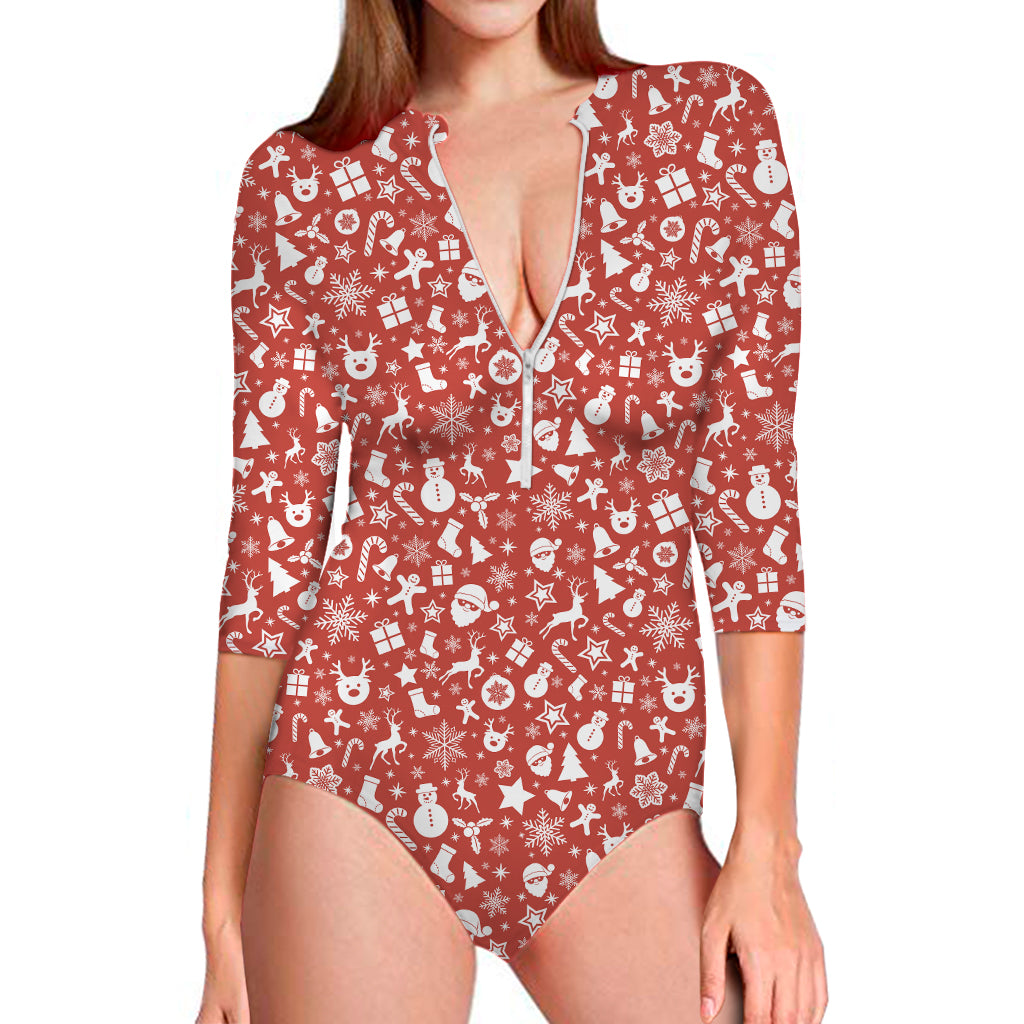 Merry Christmas Elements Pattern Print Long Sleeve One Piece Swimsuit
