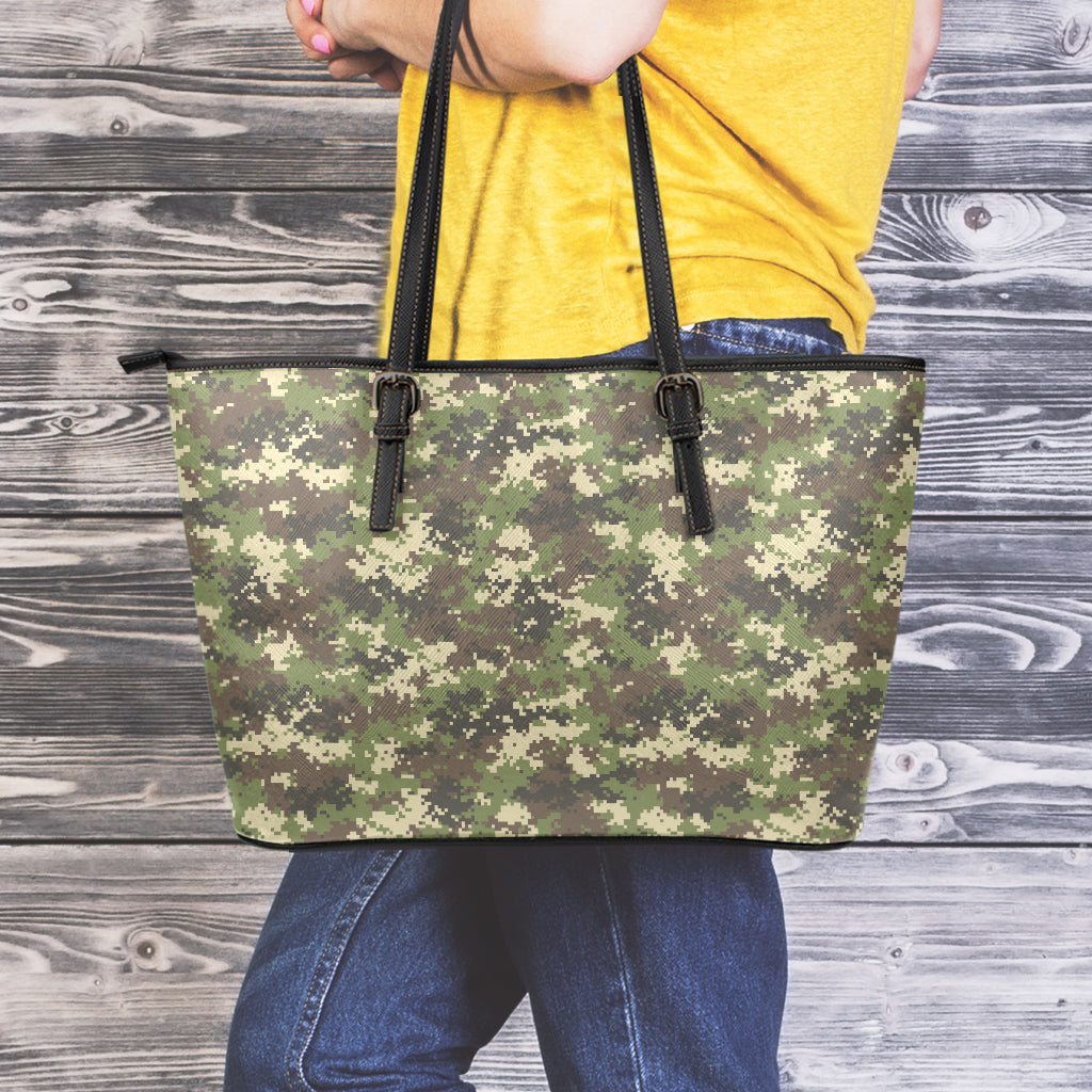 Military Digital Camo Pattern Print Leather Tote Bag