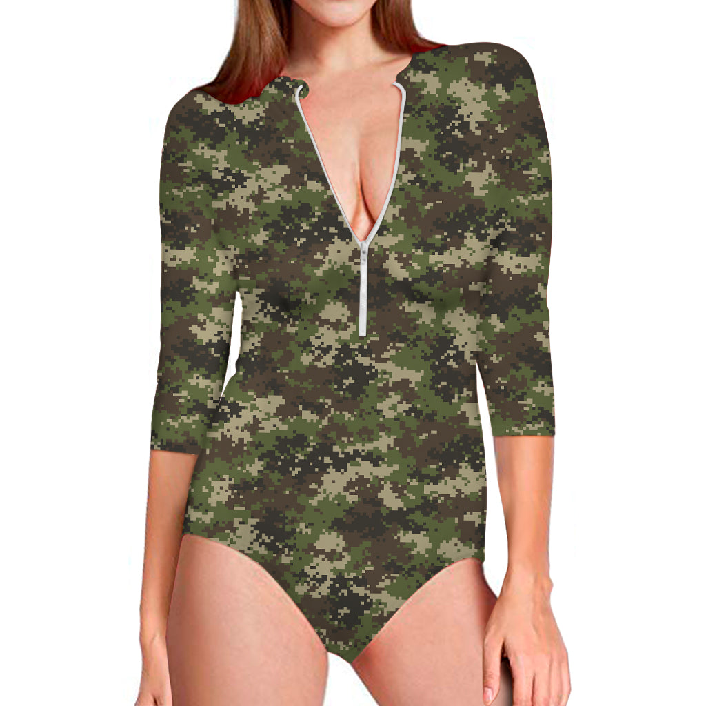 Military Digital Camo Pattern Print Long Sleeve One Piece Swimsuit