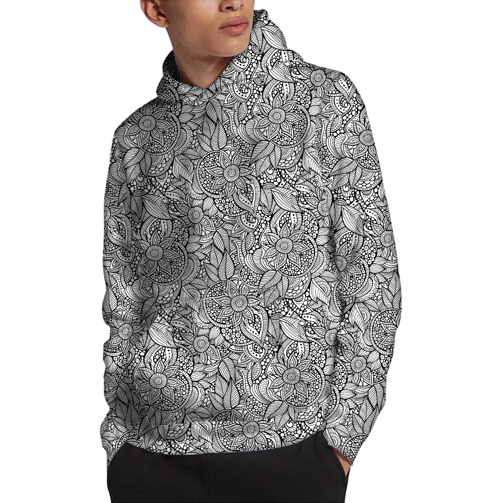 Monochrome Zentangle Pattern Print Pullover Hoodie