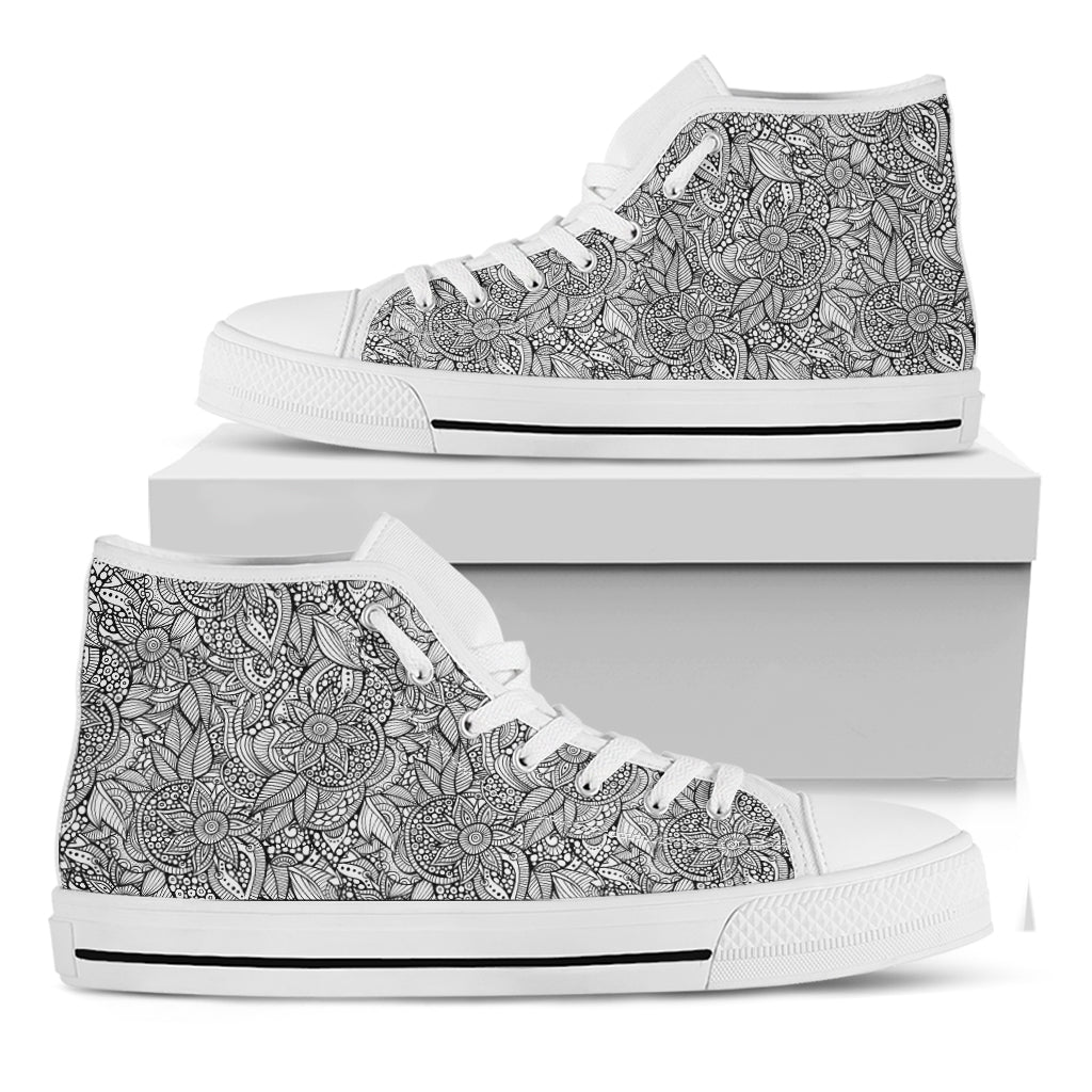 Monochrome Zentangle Pattern Print White High Top Shoes