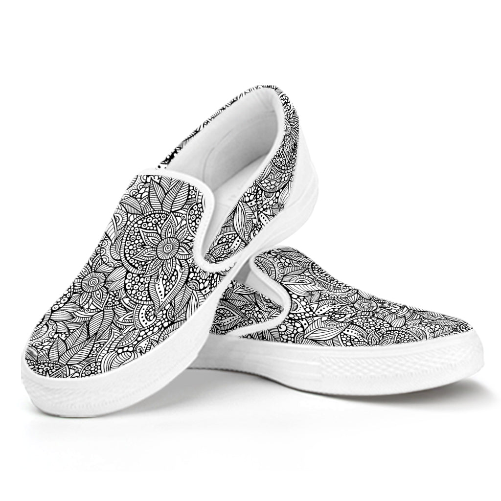 Monochrome Zentangle Pattern Print White Slip On Shoes