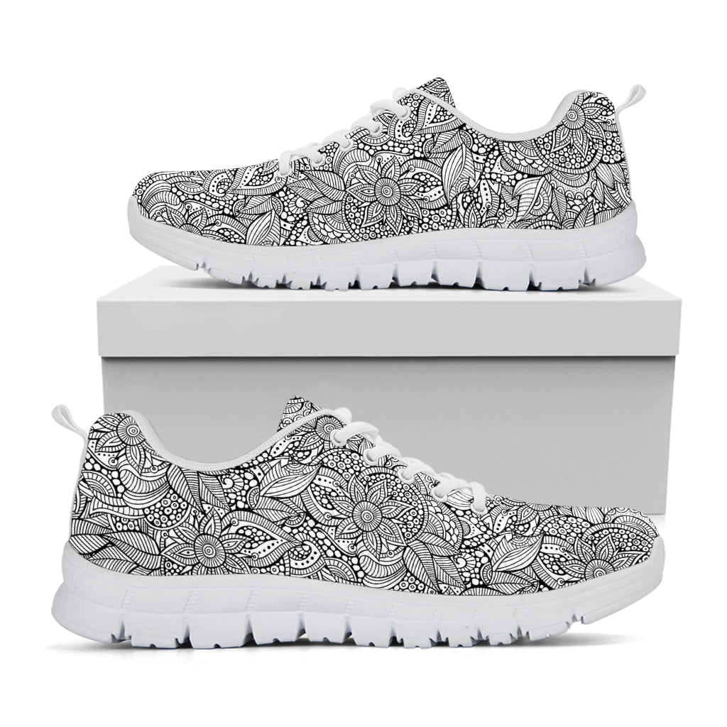 Monochrome Zentangle Pattern Print White Sneakers