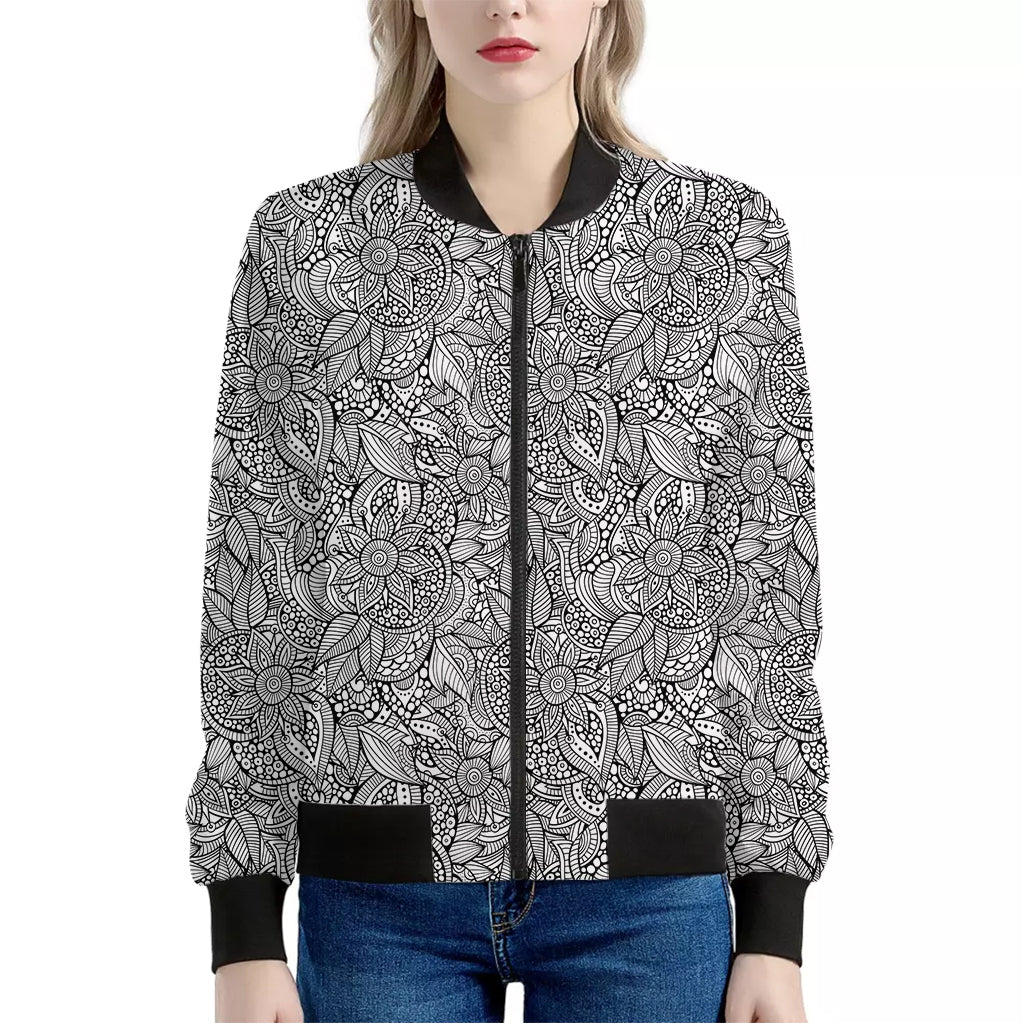 Monochrome Zentangle Pattern Print Women's Bomber Jacket