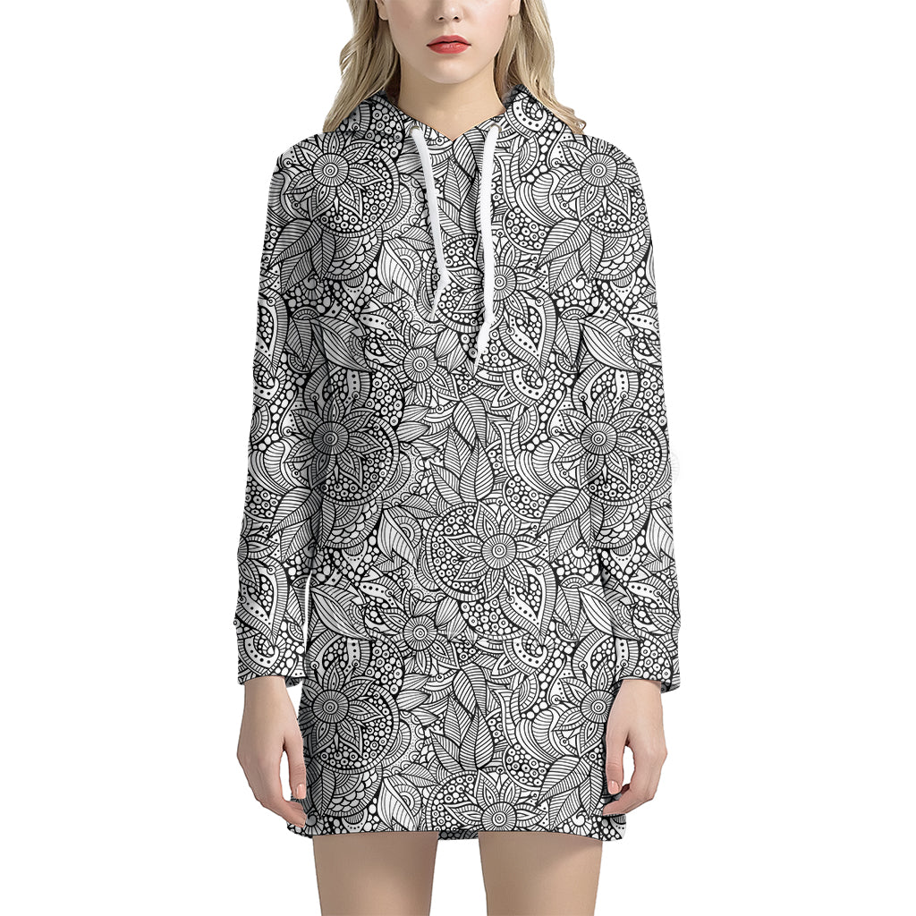 Monochrome Zentangle Pattern Print Women's Pullover Hoodie Dress