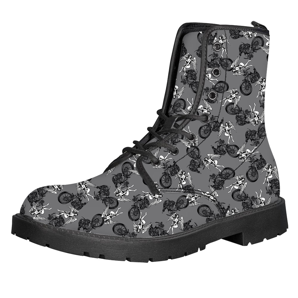 Motorcycle And Angel Pattern Print Leather Boots