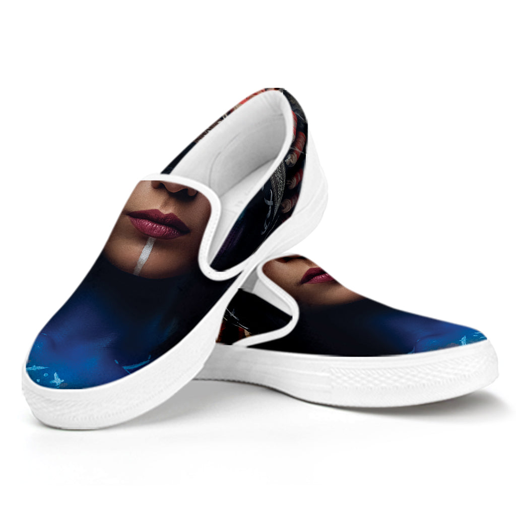 Native Indian Woman Portrait Print White Slip On Shoes