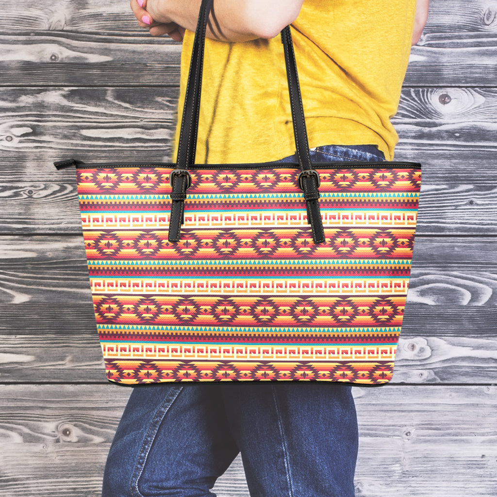 Native Inspired Pattern Print Leather Tote Bag