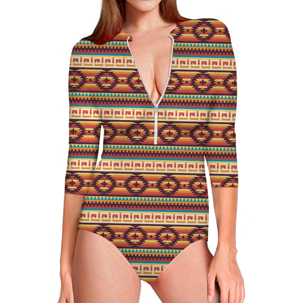 Native Inspired Pattern Print Long Sleeve One Piece Swimsuit
