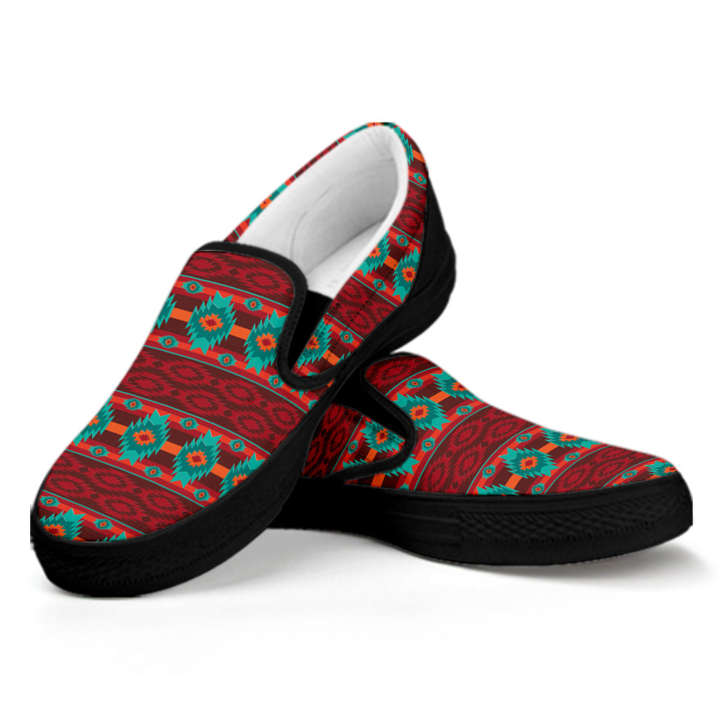 Native Southwestern Pattern Print Black Slip On Shoes