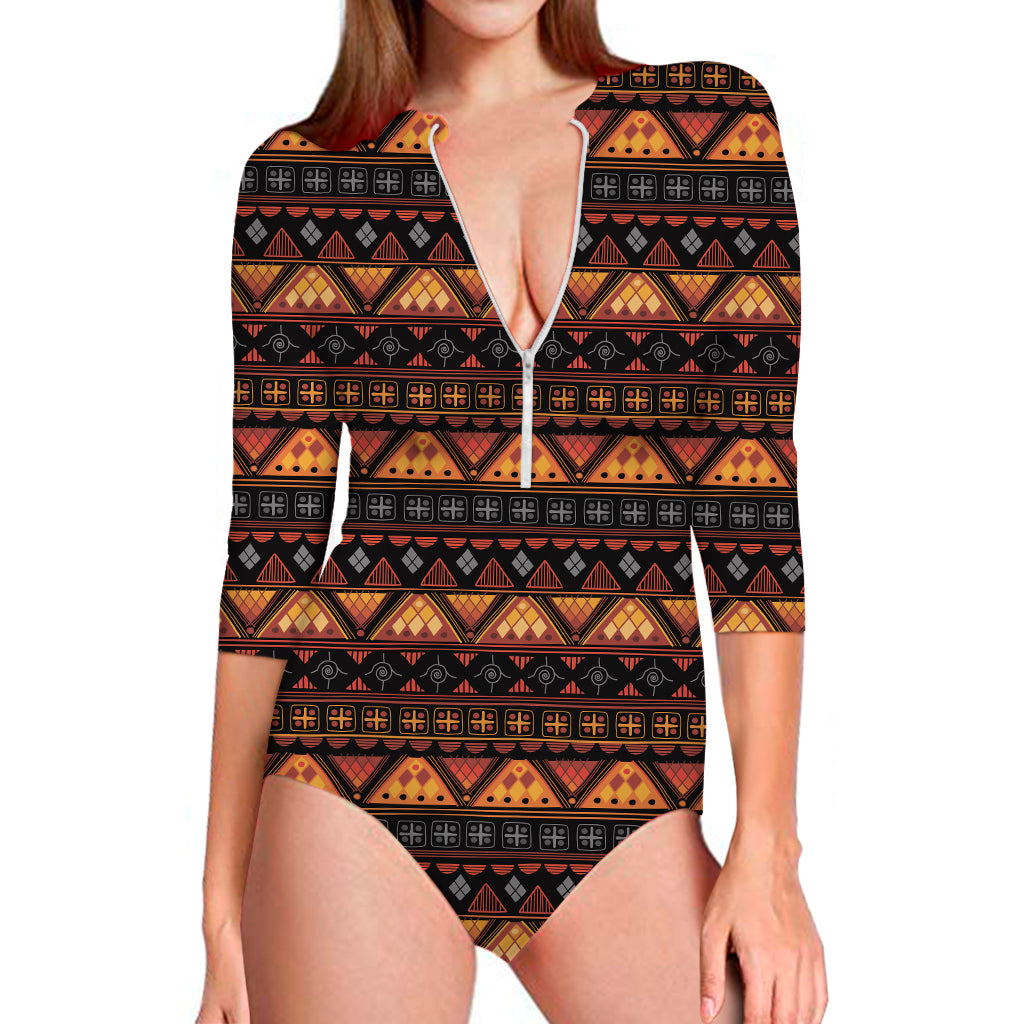 Native Tribal African Pattern Print Long Sleeve One Piece Swimsuit