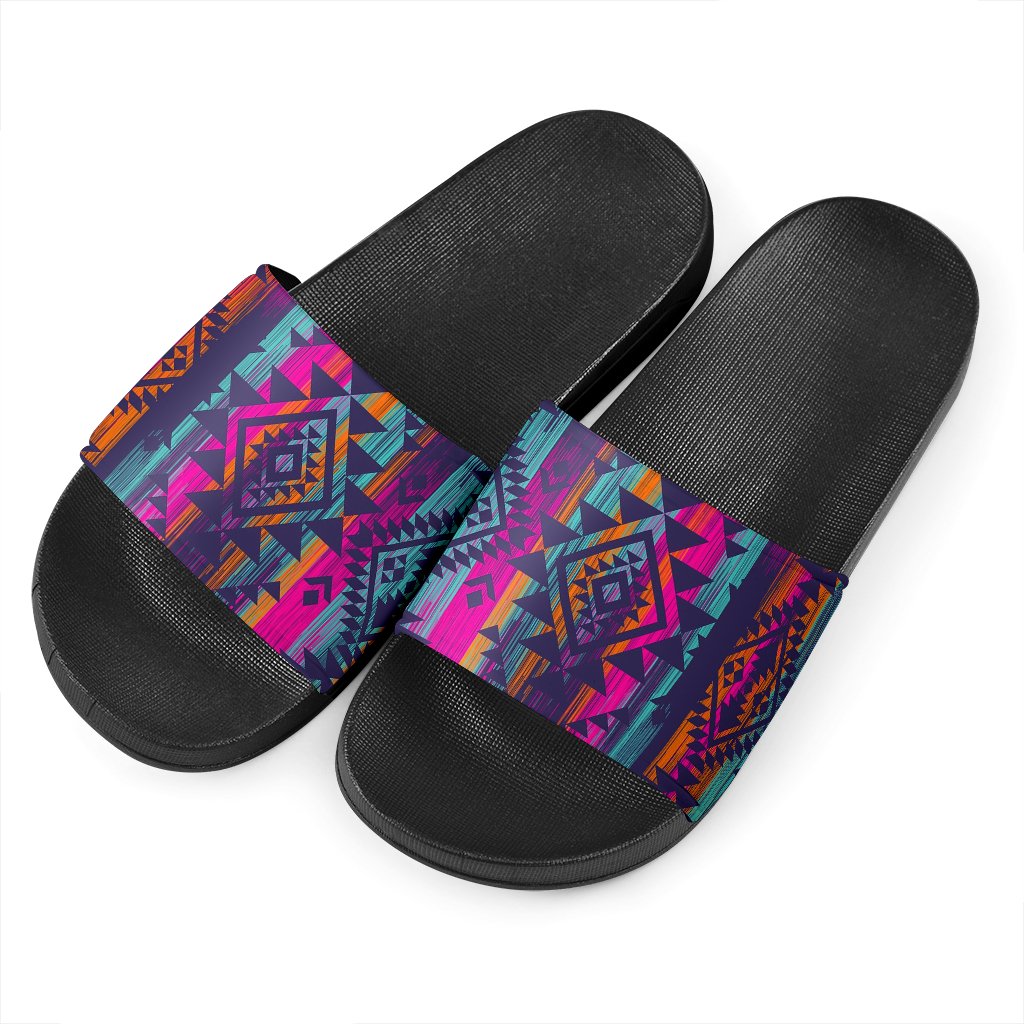 Native Tribal Aztec Pattern Print Black Slide Sandals