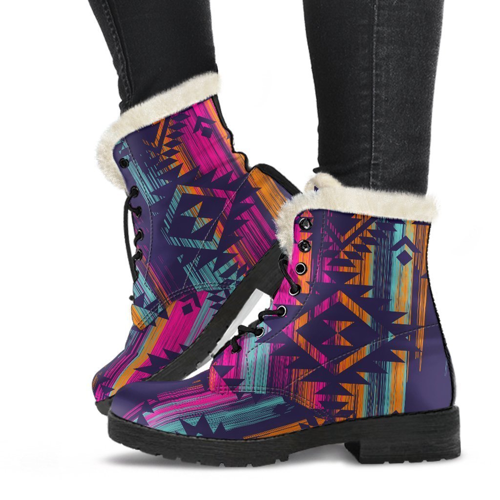 Native Tribal Aztec Pattern Print Faux Fur Leather Boots