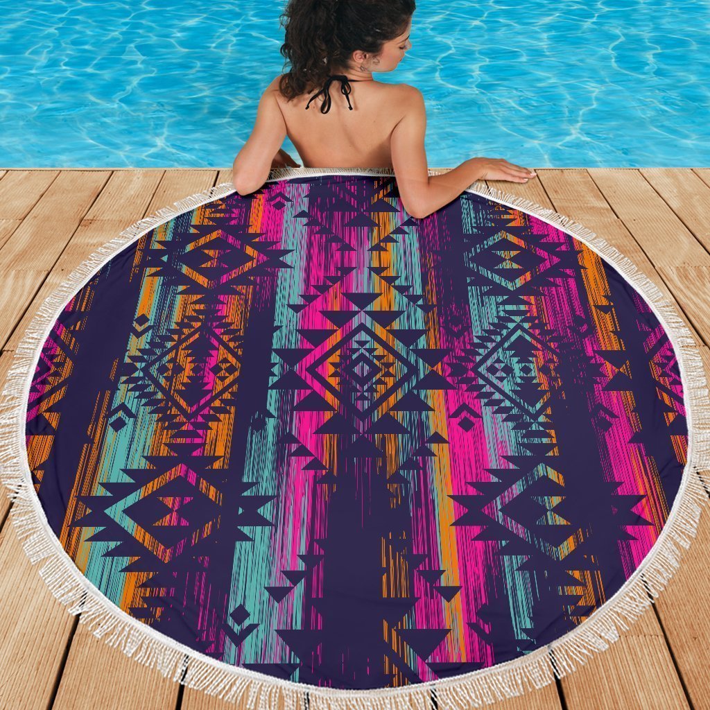 Native Tribal Aztec Pattern Print Round Beach Blanket