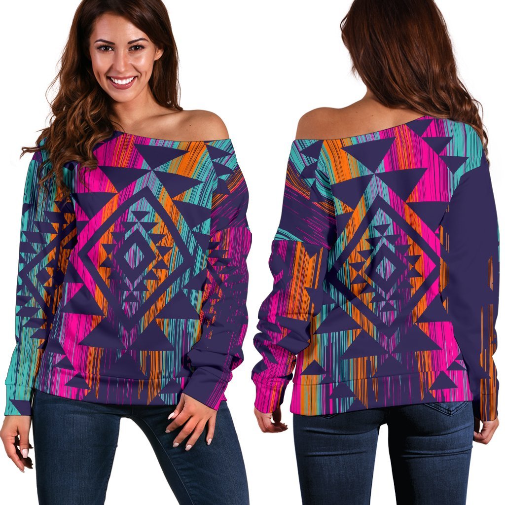 Native Tribal Aztec Pattern Print Women's Off-Shoulder Sweatshirt