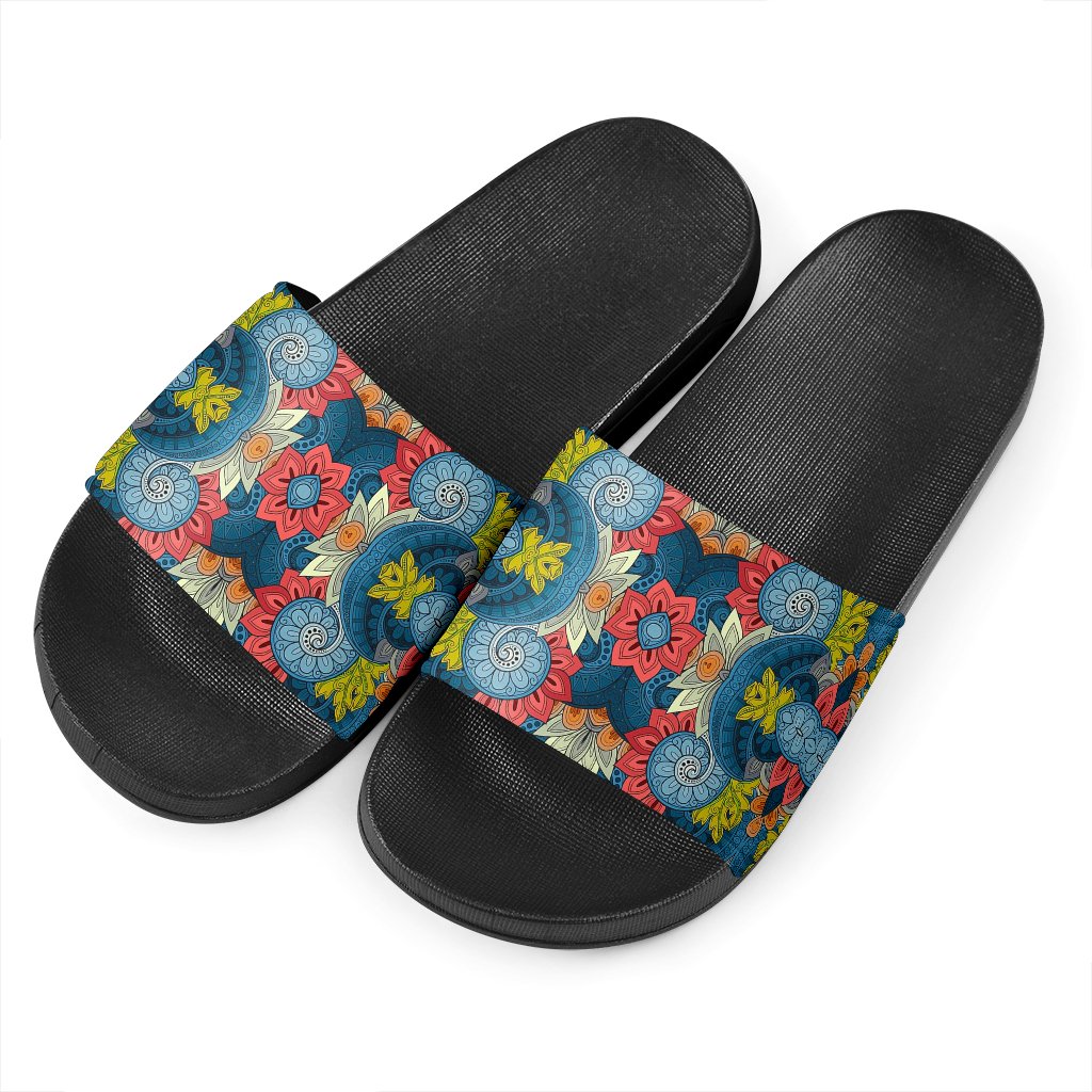 Native Tribal Bohemian Pattern Print Black Slide Sandals