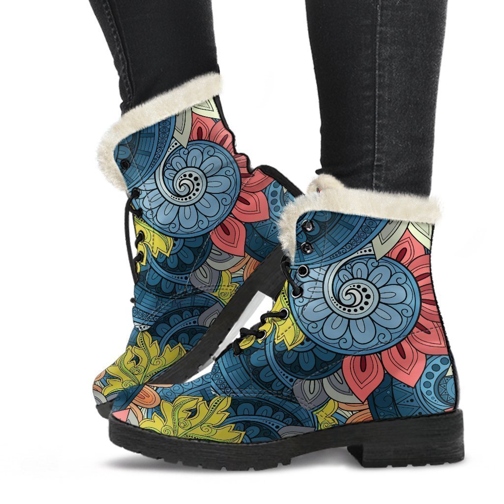 Native Tribal Bohemian Pattern Print Faux Fur Leather Boots