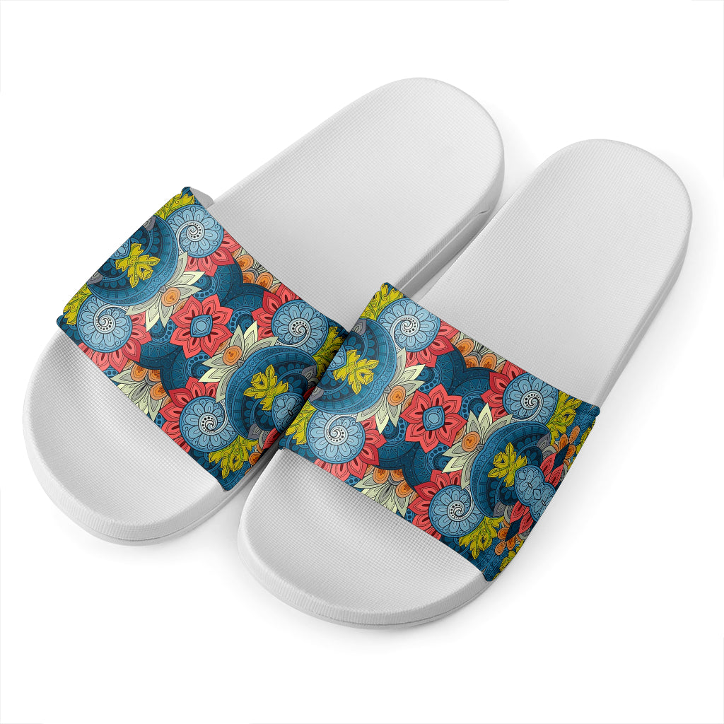 Native Tribal Bohemian Pattern Print White Slide Sandals