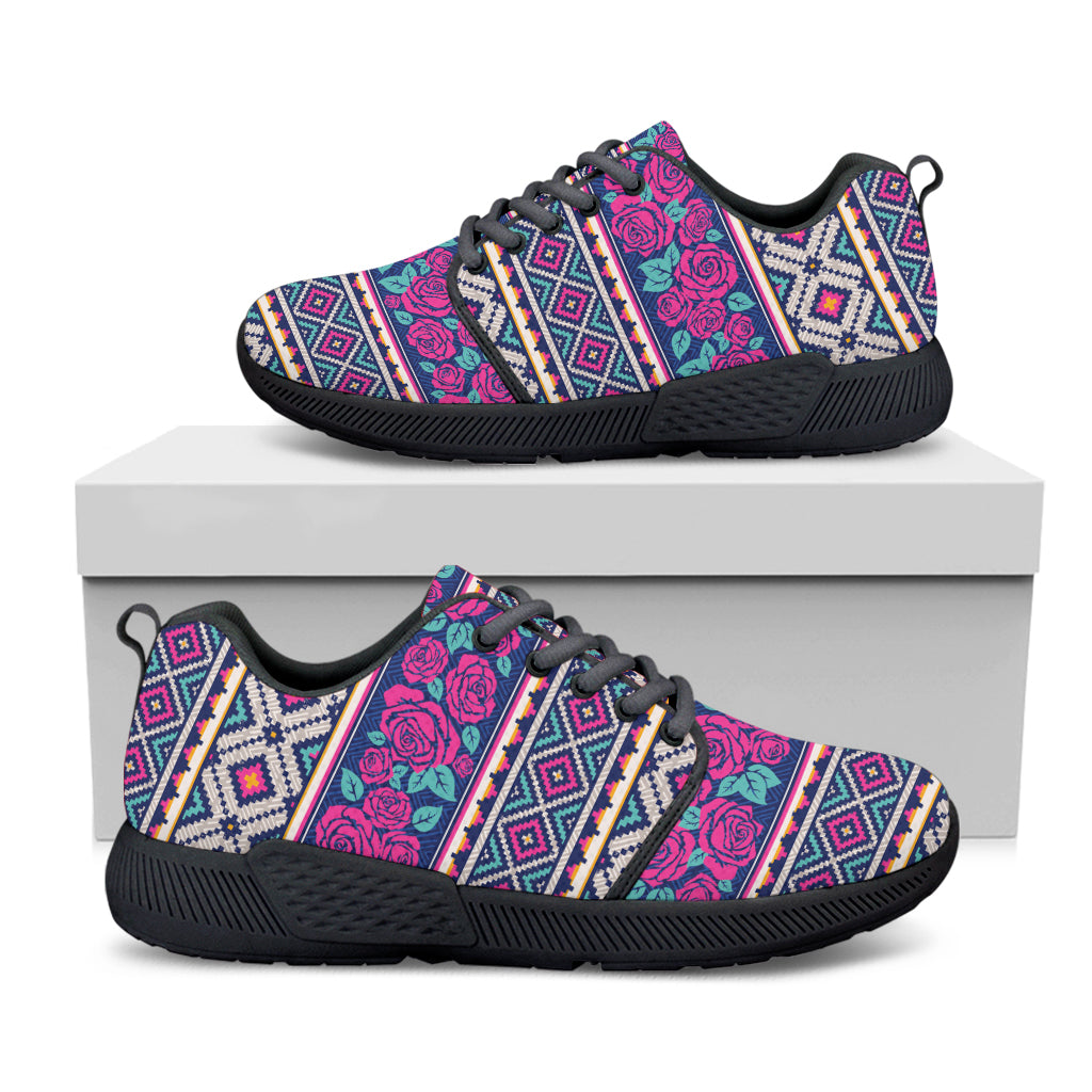 Native Tribal Ethnic Rose Pattern Print Black Athletic Shoes