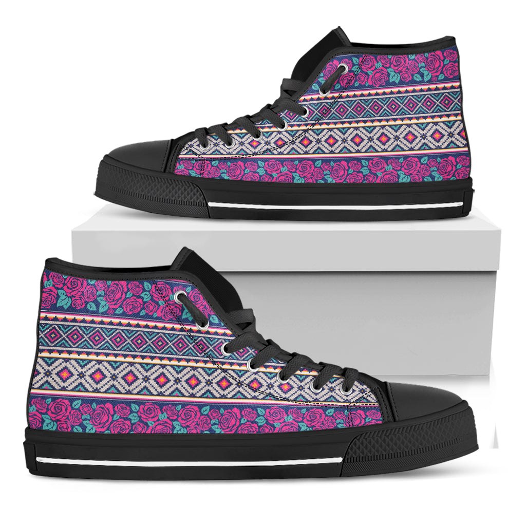 Native Tribal Ethnic Rose Pattern Print Black High Top Shoes