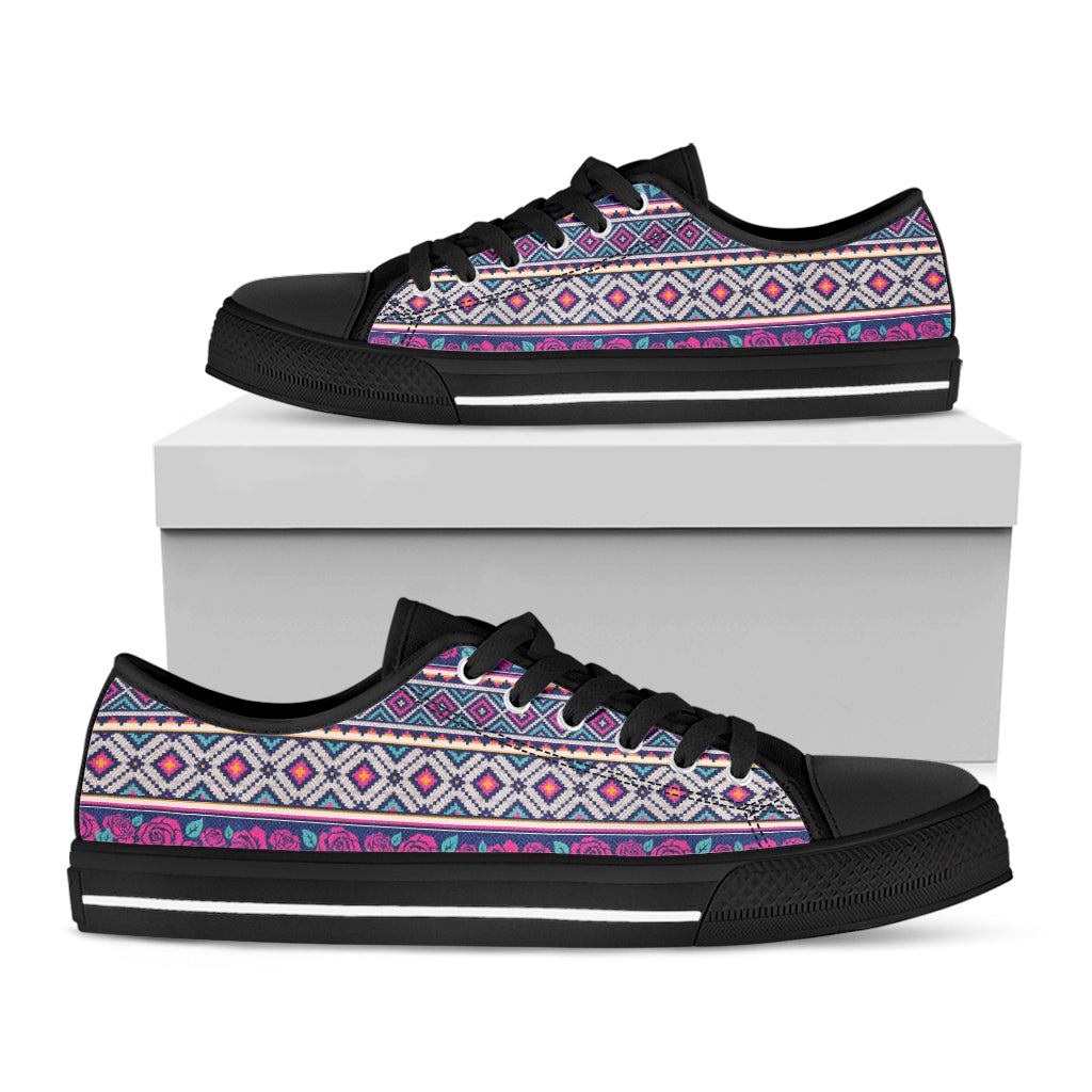 Native Tribal Ethnic Rose Pattern Print Black Low Top Shoes