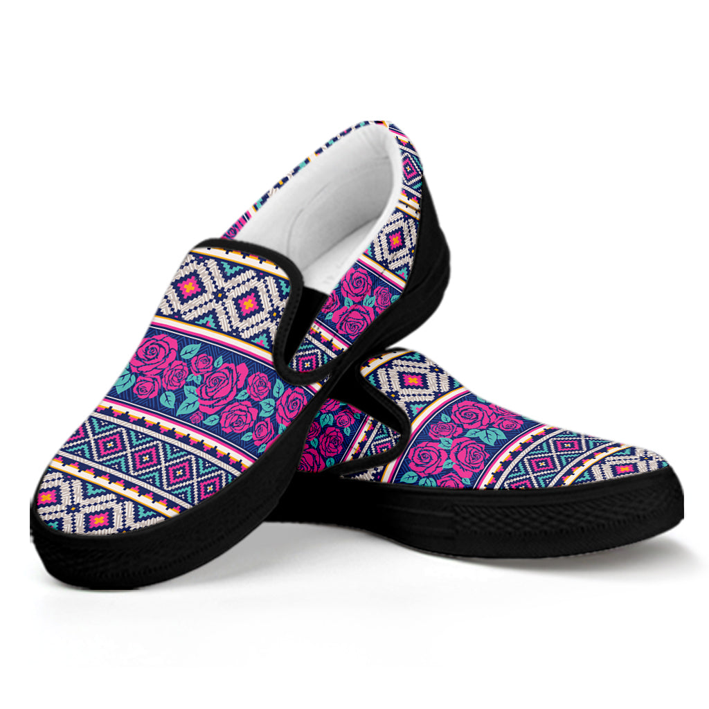 Native Tribal Ethnic Rose Pattern Print Black Slip On Shoes