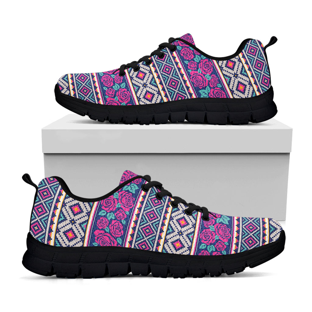 Native Tribal Ethnic Rose Pattern Print Black Sneakers